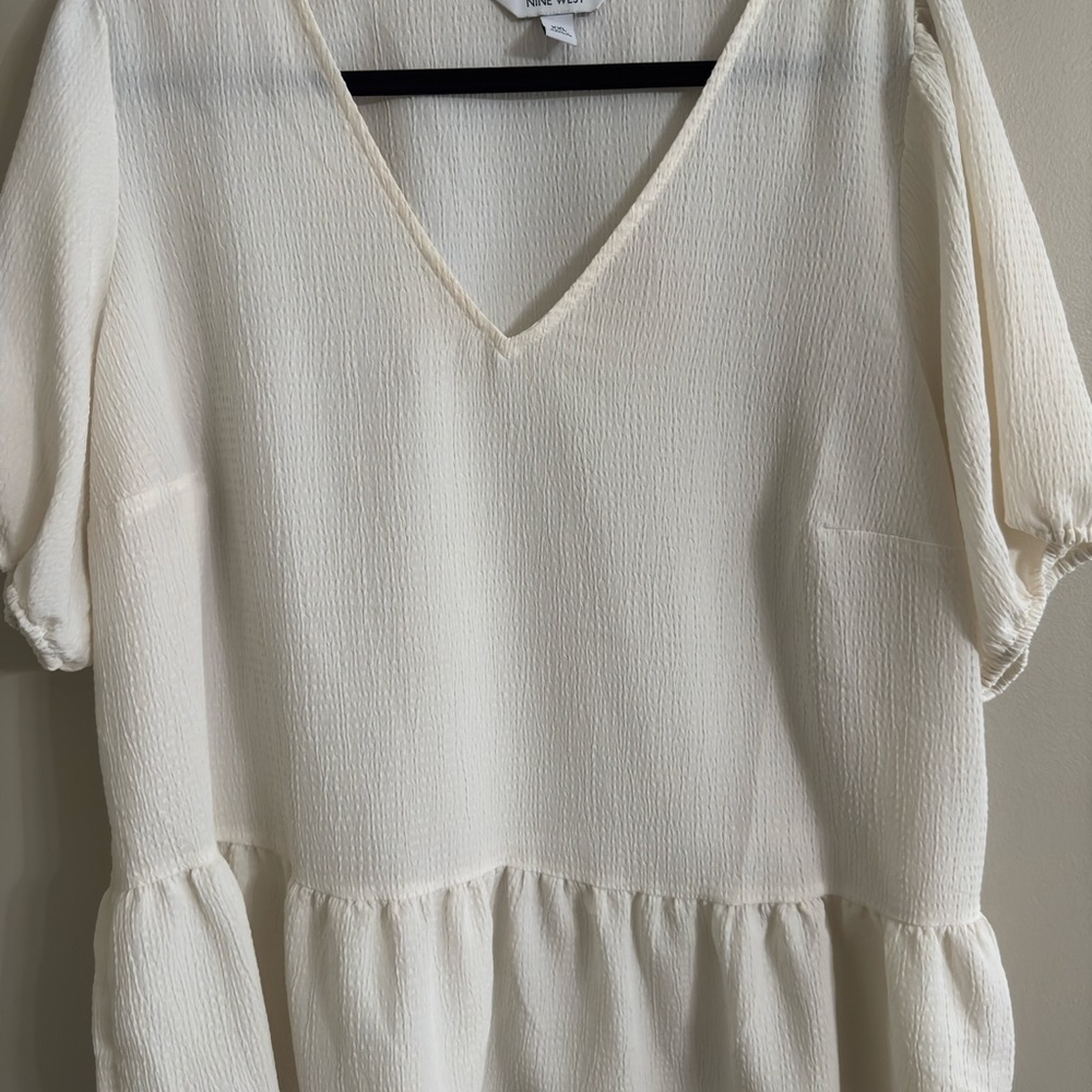 Nine West White V-Neck Sheer Blouse
